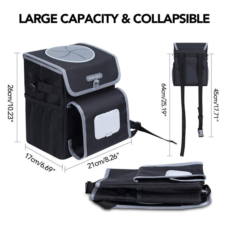 Farasla All-in-One Car Trash Can, Garbage Bag for Car with Removable Leakproof Interior Liner, Adjustable Tissue Holder & Straps(Black) - Image 5